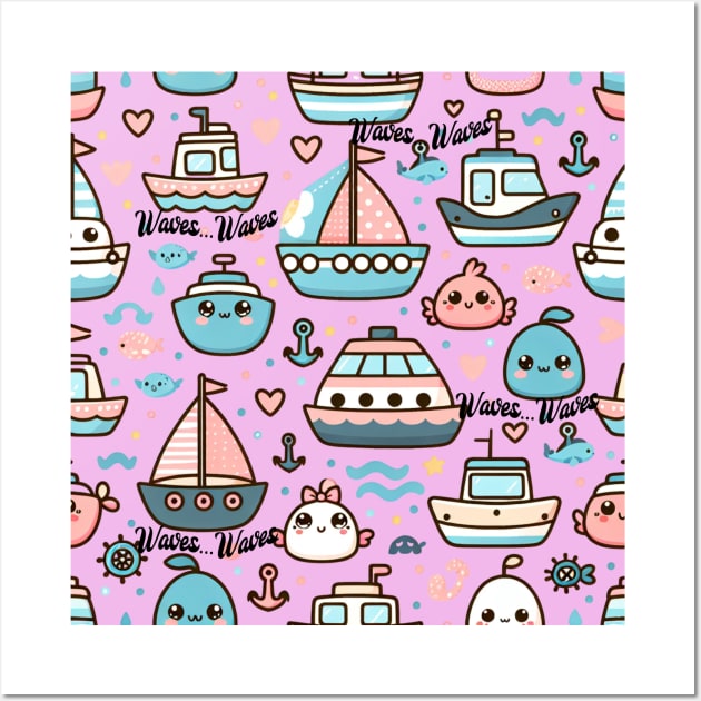 Cute Pink Background Boats Kids Accent Pattern Wall Art by Yajna Elements